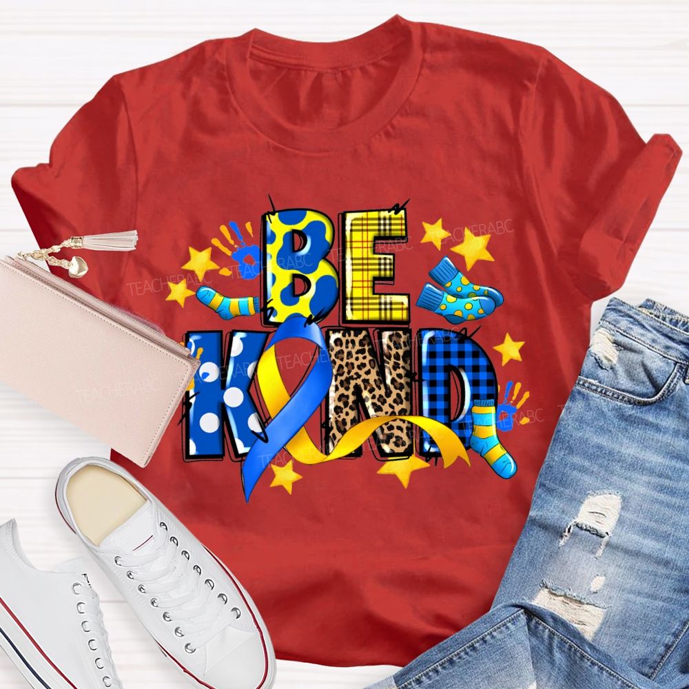 Be Kind Stars And Polka Dot Leopard Print Font Teacher T-shirt