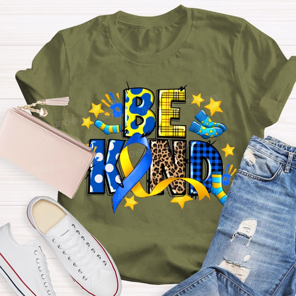 Be Kind Stars And Polka Dot Leopard Print Font Teacher T-shirt