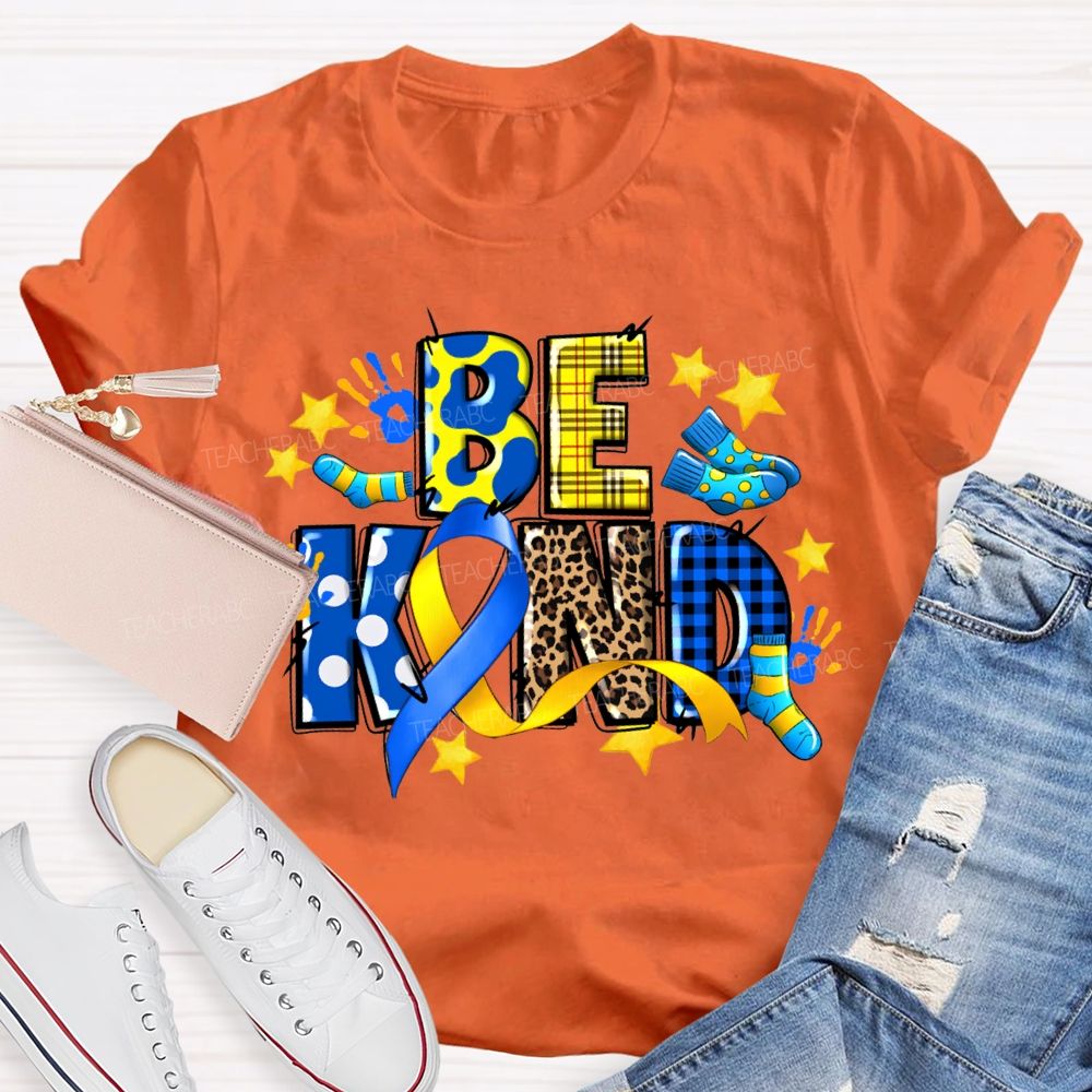 Be Kind Stars And Polka Dot Leopard Print Font Teacher T-shirt