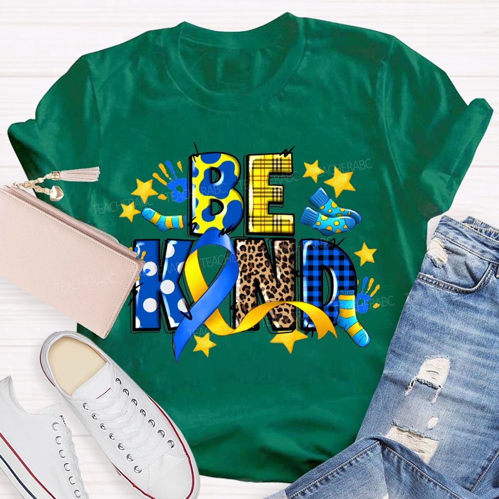 Be Kind Stars And Polka Dot Leopard Print Font Teacher T-shirt