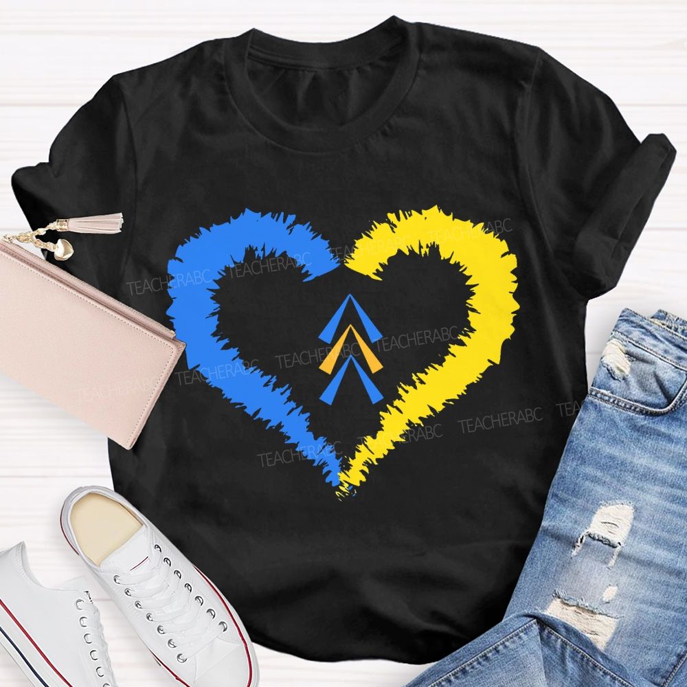 Down Syndrome Awareness Heart Print Teacher T-shirt