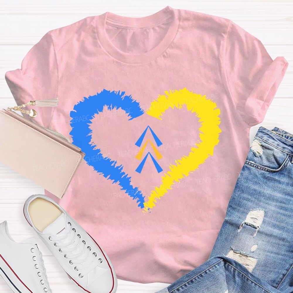Down Syndrome Awareness Heart Print Teacher T-shirt
