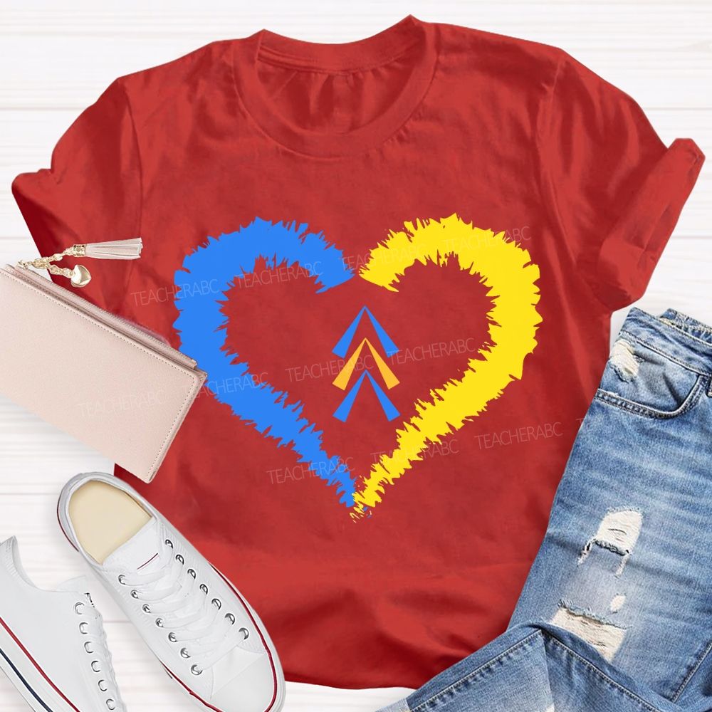 Down Syndrome Awareness Heart Print Teacher T-shirt