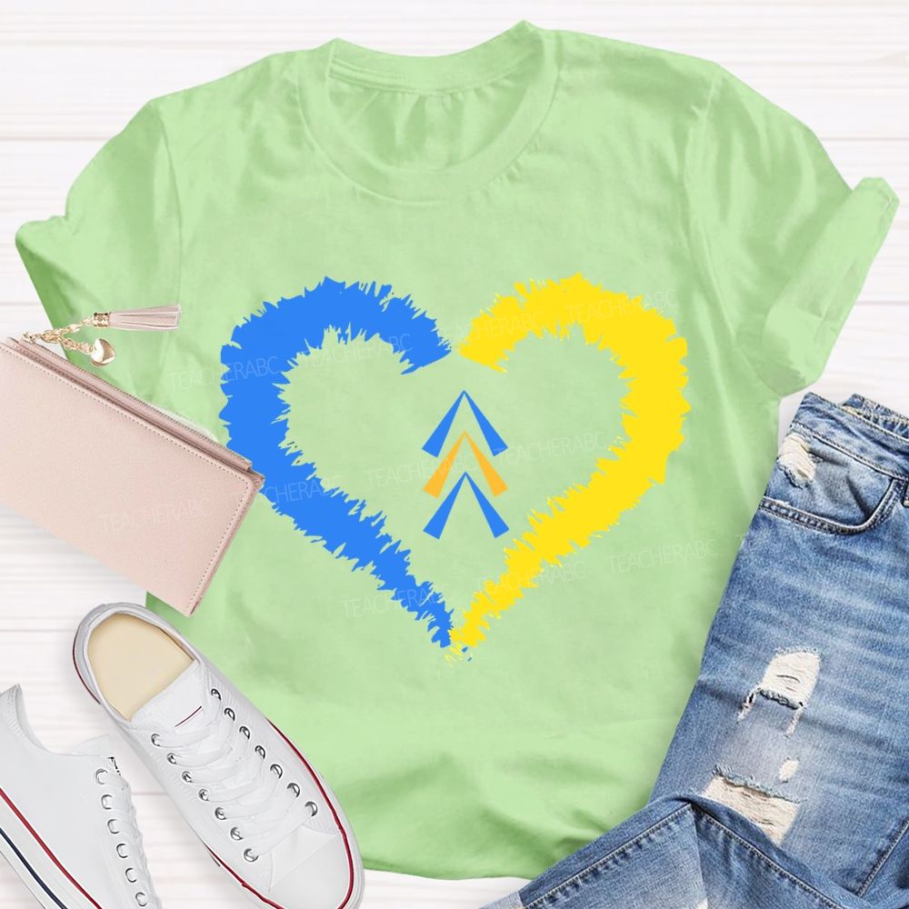 Down Syndrome Awareness Heart Print Teacher T-shirt