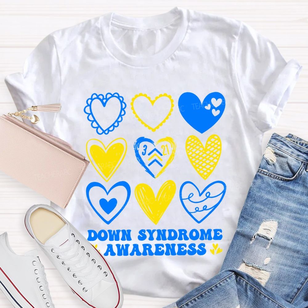 Down Syndrome Awareness Heart Print Teacher T-shirt