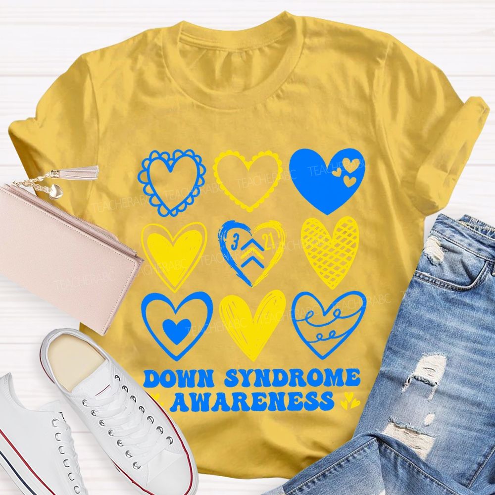 Down Syndrome Awareness Heart Print Teacher T-shirt