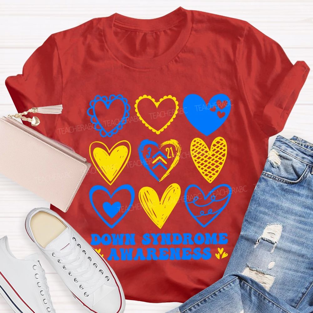 Down Syndrome Awareness Heart Print Teacher T-shirt