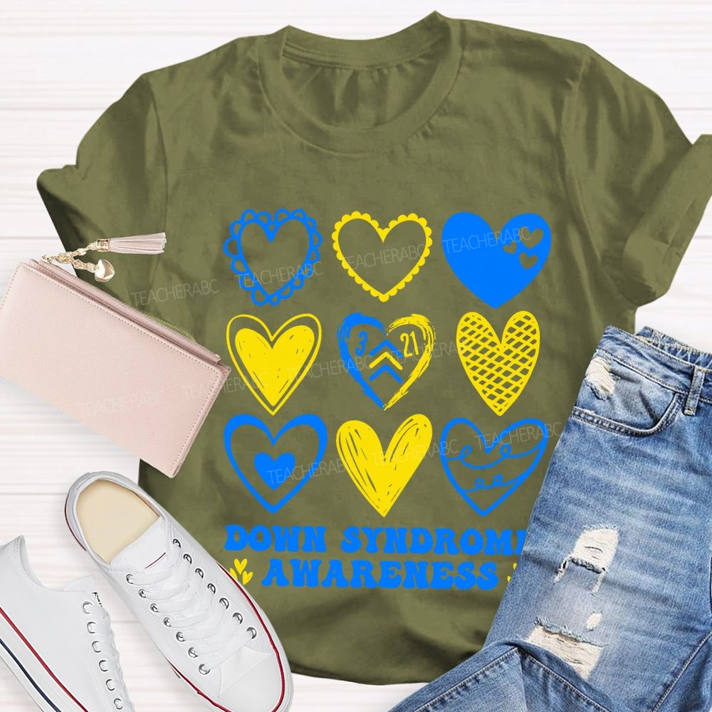 Down Syndrome Awareness Heart Print Teacher T-shirt