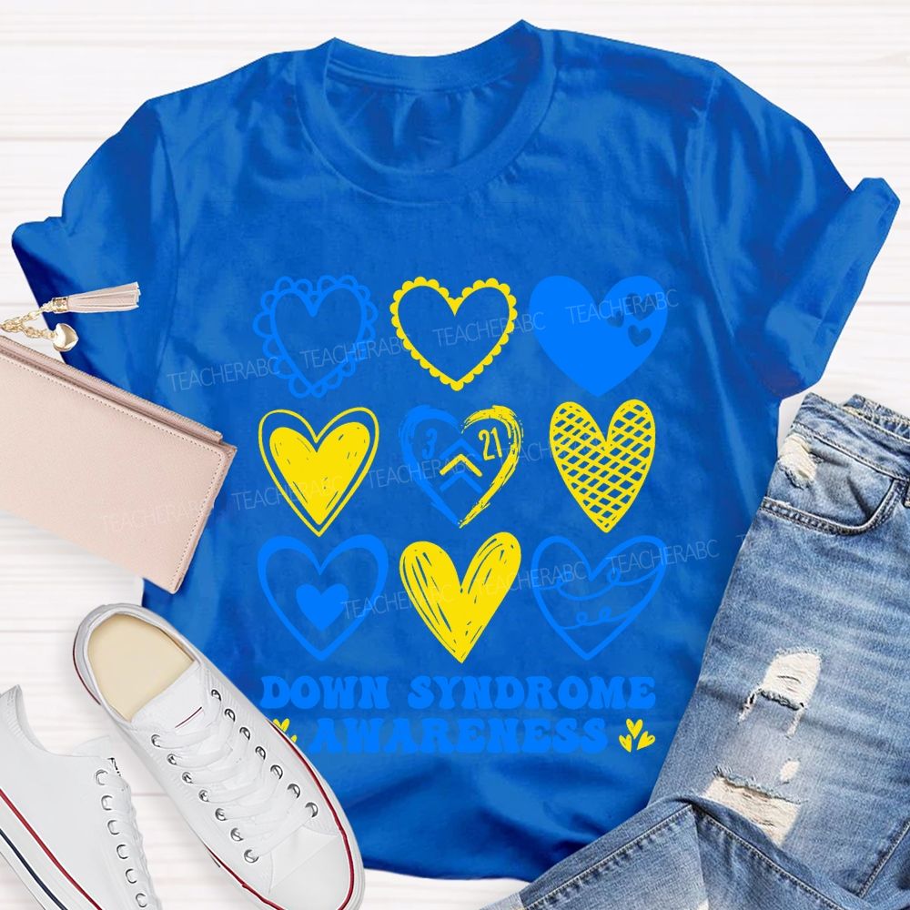 Down Syndrome Awareness Heart Print Teacher T-shirt