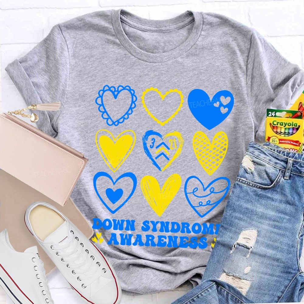 Down Syndrome Awareness Heart Print Teacher T-shirt