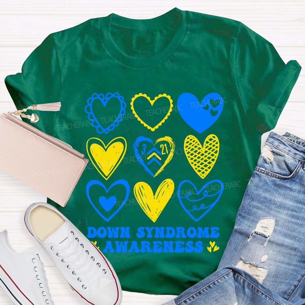 Down Syndrome Awareness Heart Print Teacher T-shirt