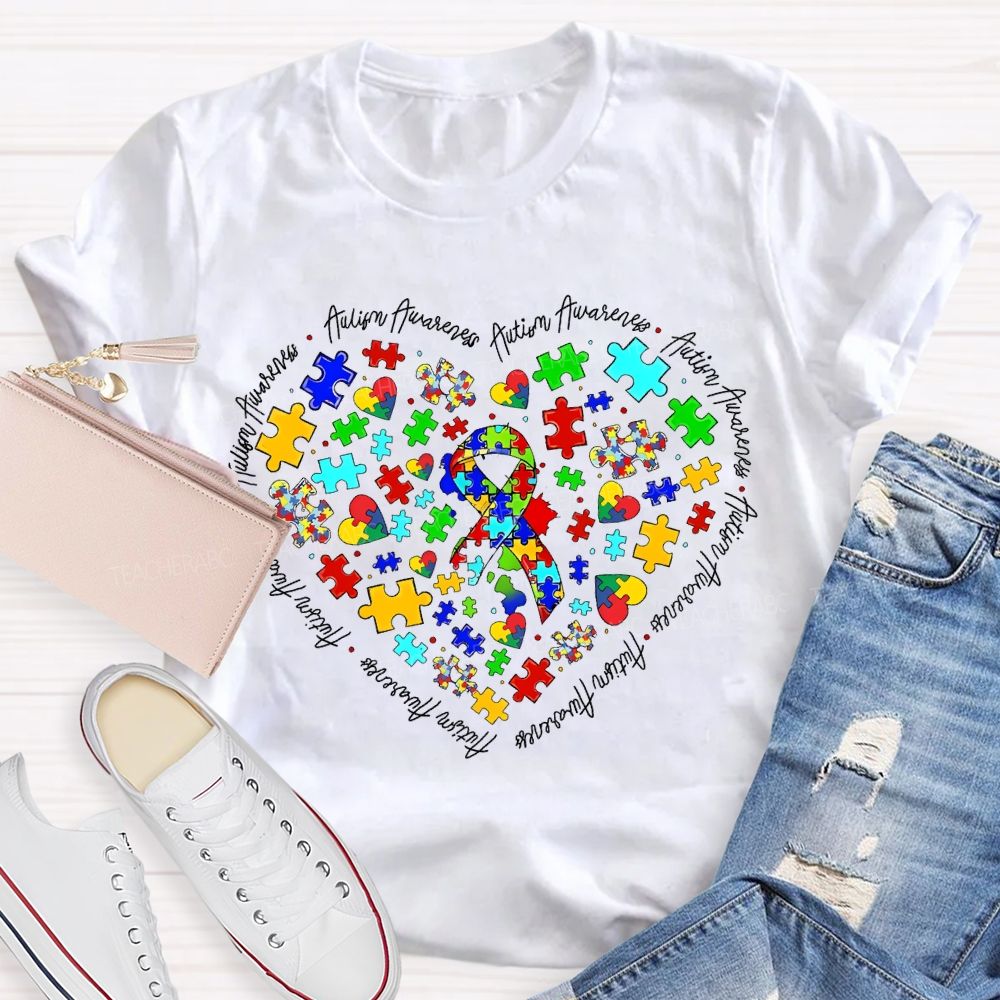 Autism Awareness Puzzle Piece Ribbon Heart Teacher T-shirt