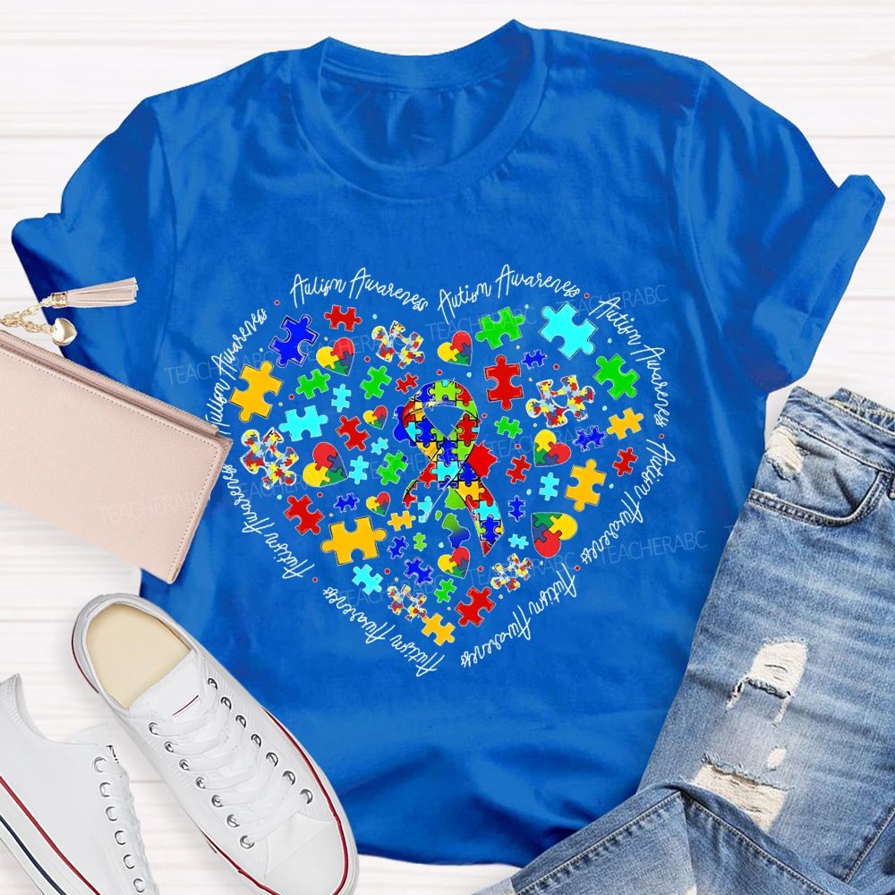 Autism Awareness Puzzle Piece Ribbon Heart Teacher T-shirt