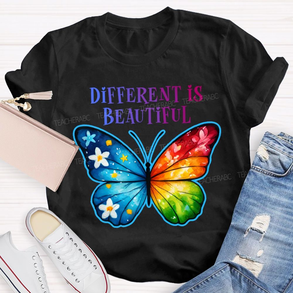 Different Is Beautiful Colorful Butterflies Teacher T-shirt