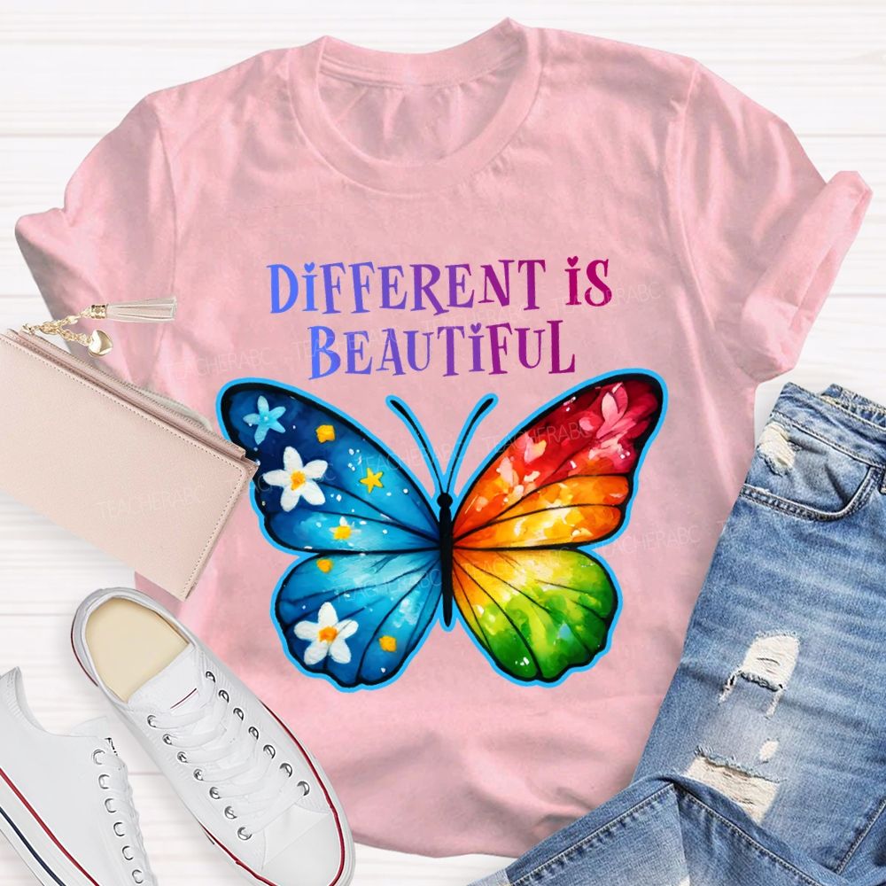 Different Is Beautiful Colorful Butterflies Teacher T-shirt