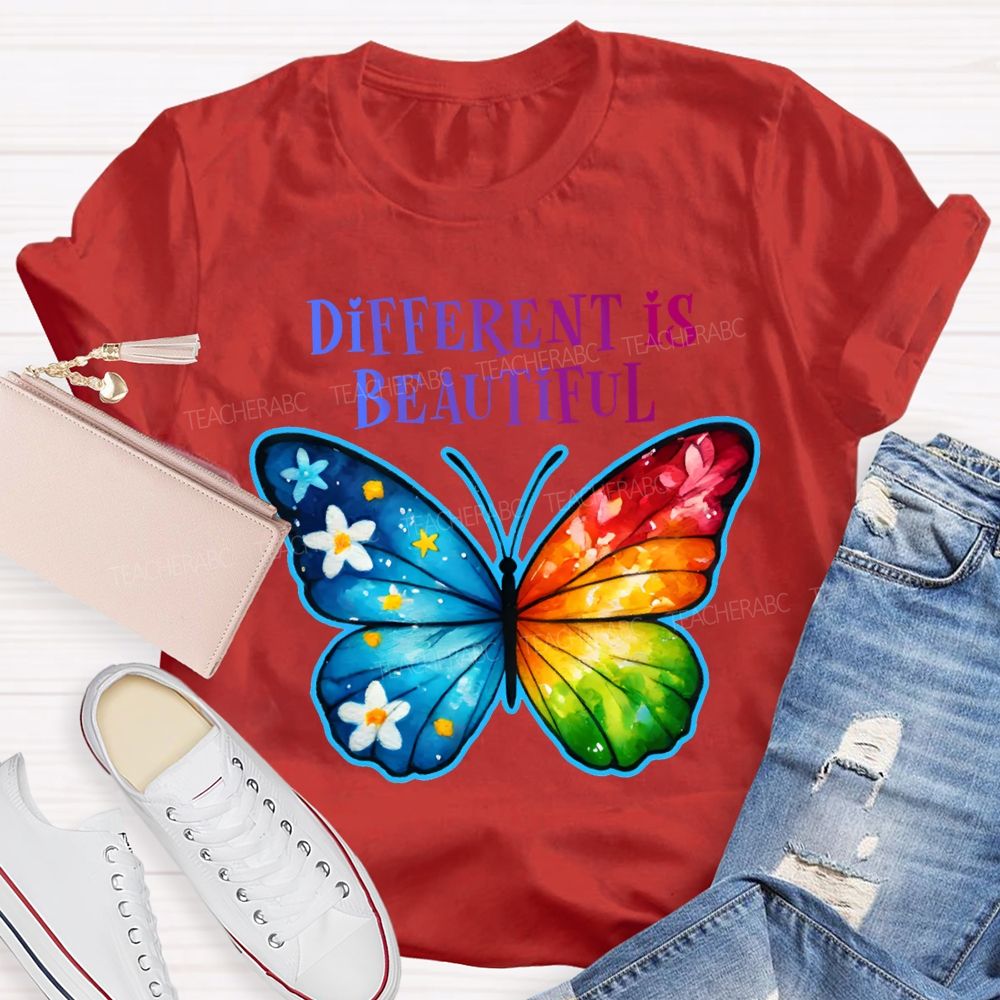 Different Is Beautiful Colorful Butterflies Teacher T-shirt