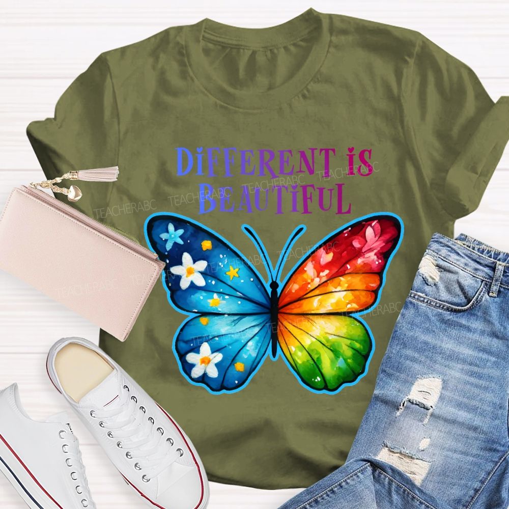 Different Is Beautiful Colorful Butterflies Teacher T-shirt