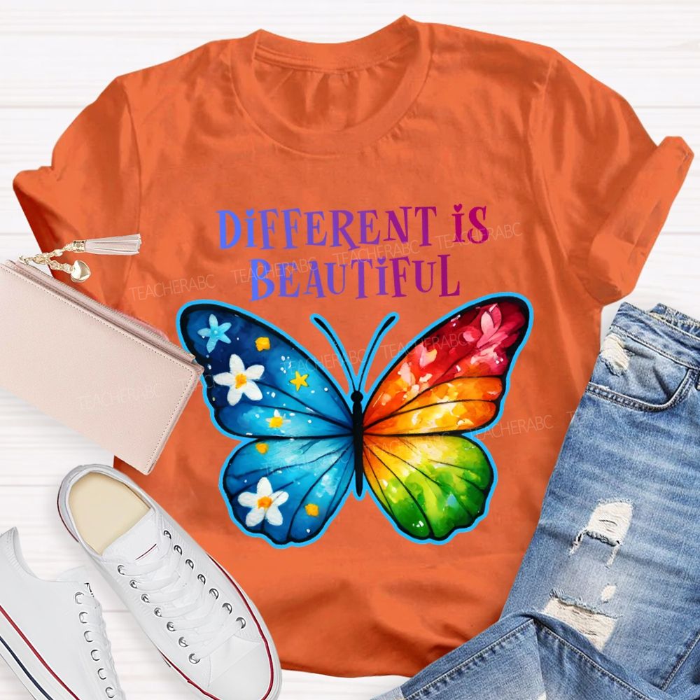 Different Is Beautiful Colorful Butterflies Teacher T-shirt