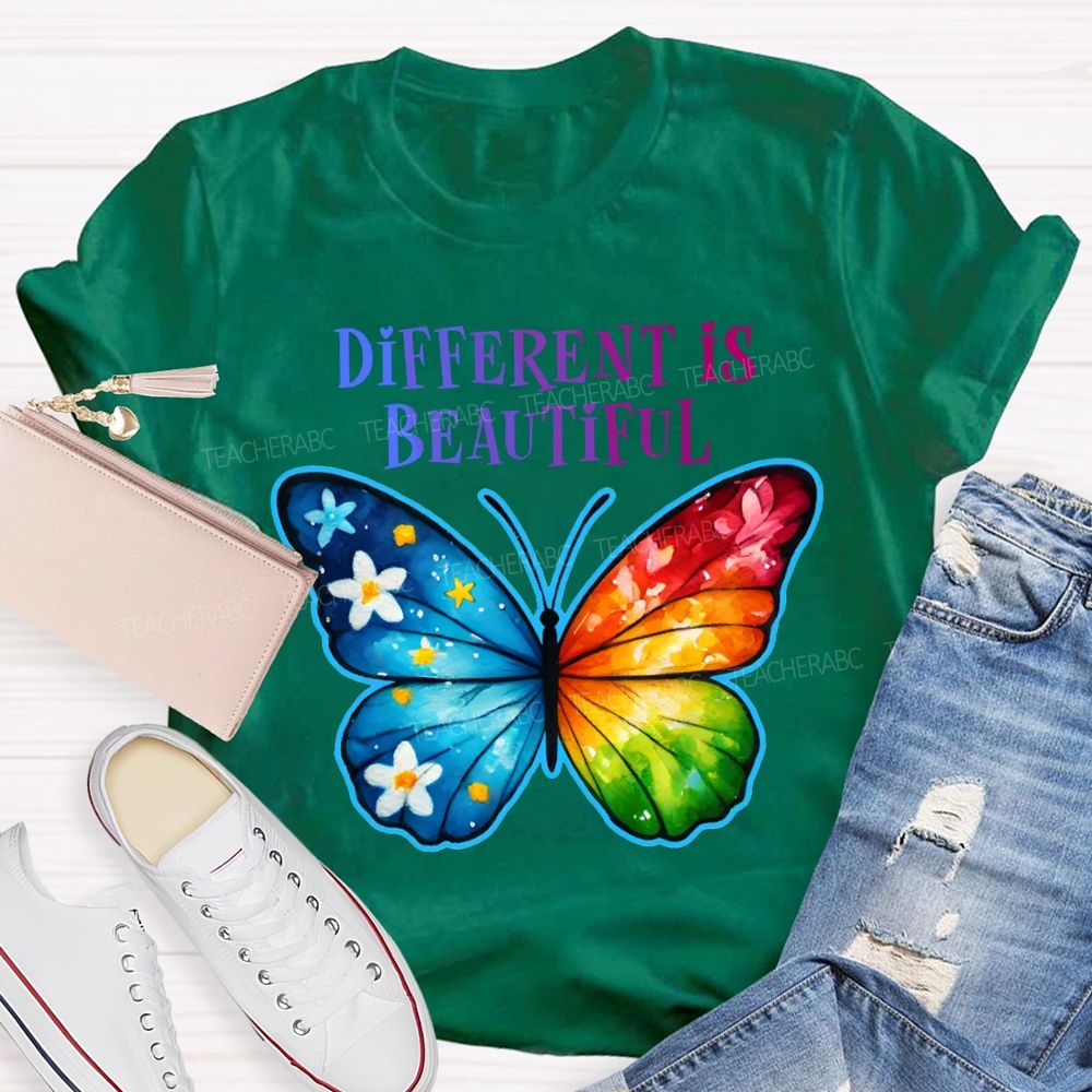 Different Is Beautiful Colorful Butterflies Teacher T-shirt