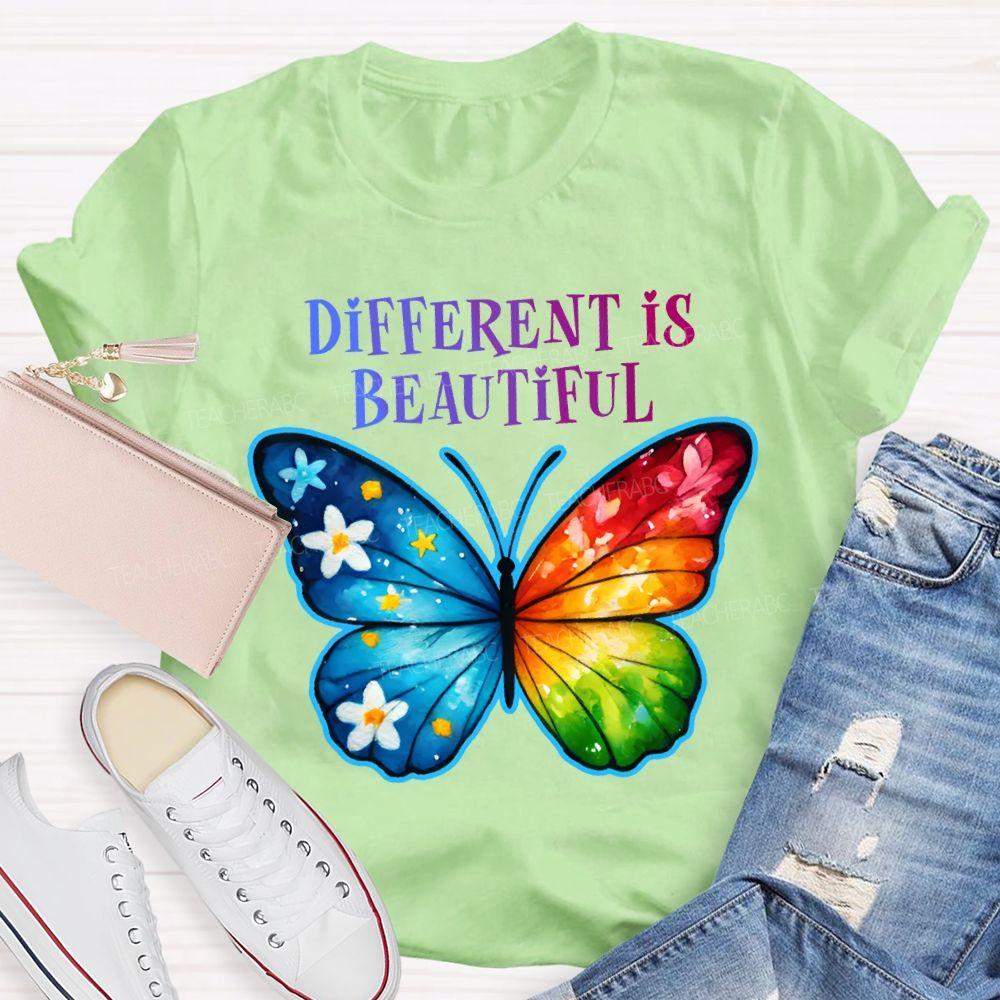 Different Is Beautiful Colorful Butterflies Teacher T-shirt