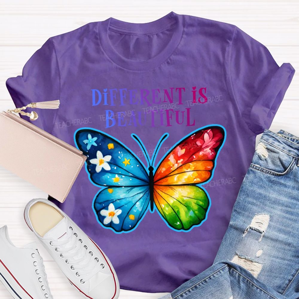Different Is Beautiful Colorful Butterflies Teacher T-shirt