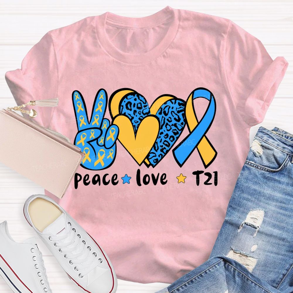 Peace Love Down Syndrome Blue And Yellow Heart Teacher T-shirt