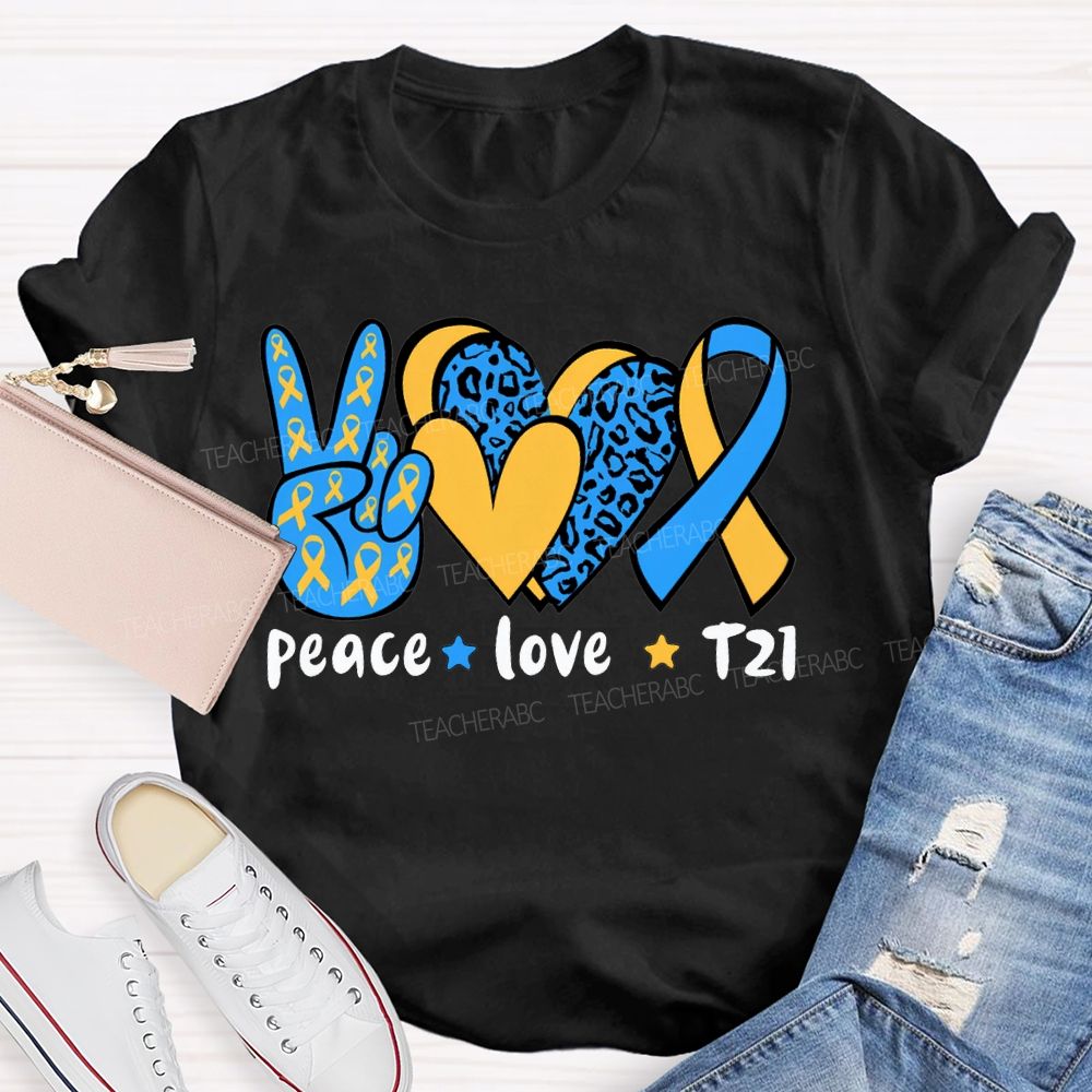 Peace Love Down Syndrome Blue And Yellow Heart Teacher T-shirt