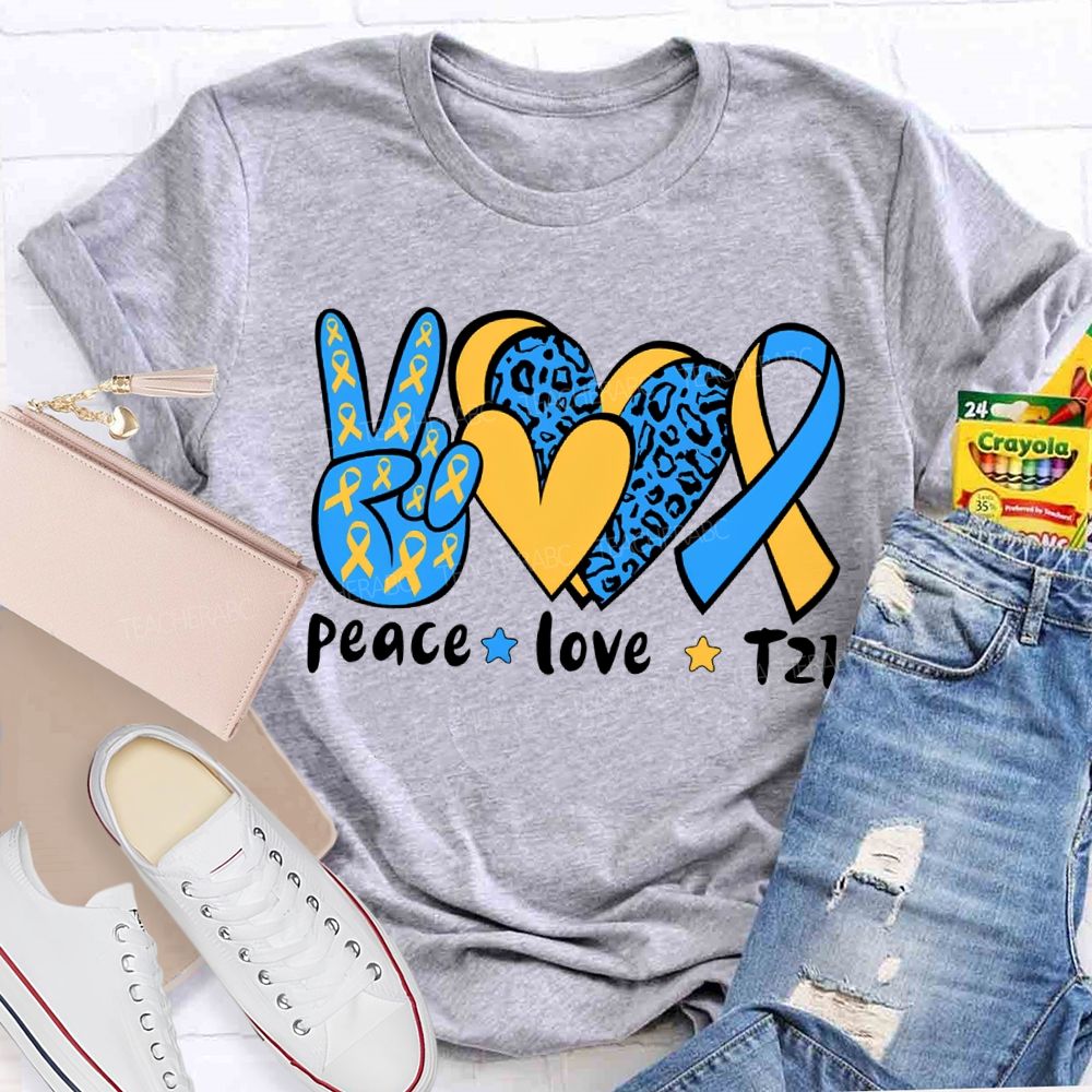 Peace Love Down Syndrome Blue And Yellow Heart Teacher T-shirt
