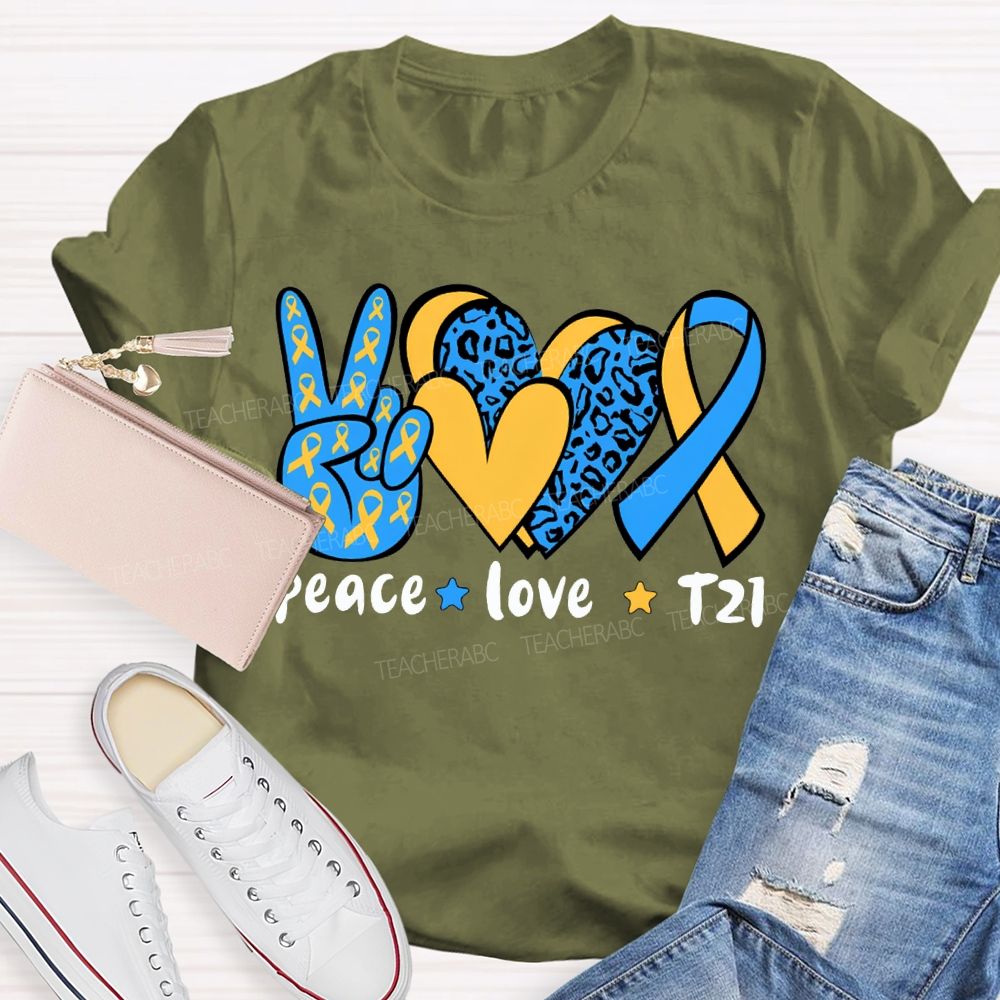 Peace Love Down Syndrome Blue And Yellow Heart Teacher T-shirt