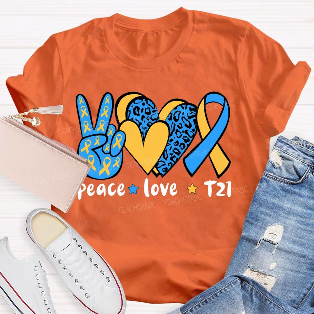 Peace Love Down Syndrome Blue And Yellow Heart Teacher T-shirt