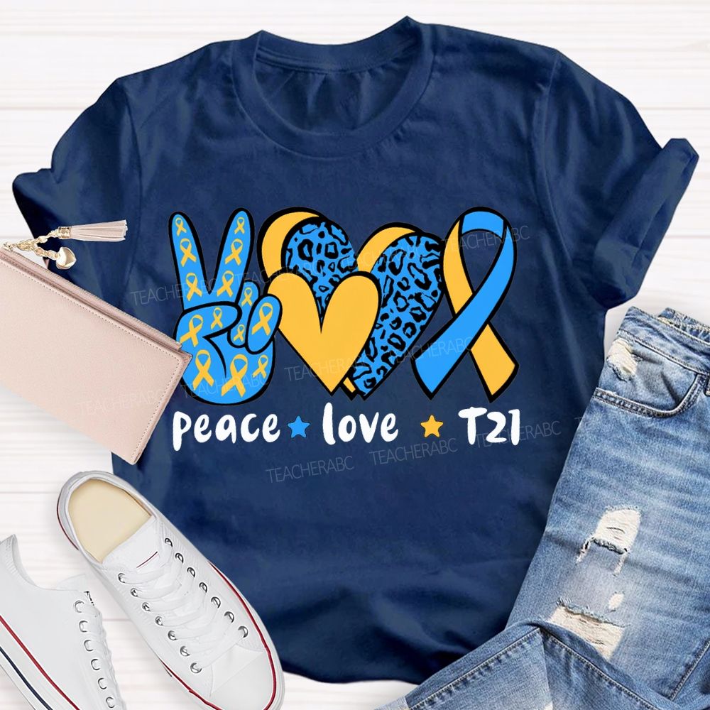 Peace Love Down Syndrome Blue And Yellow Heart Teacher T-shirt