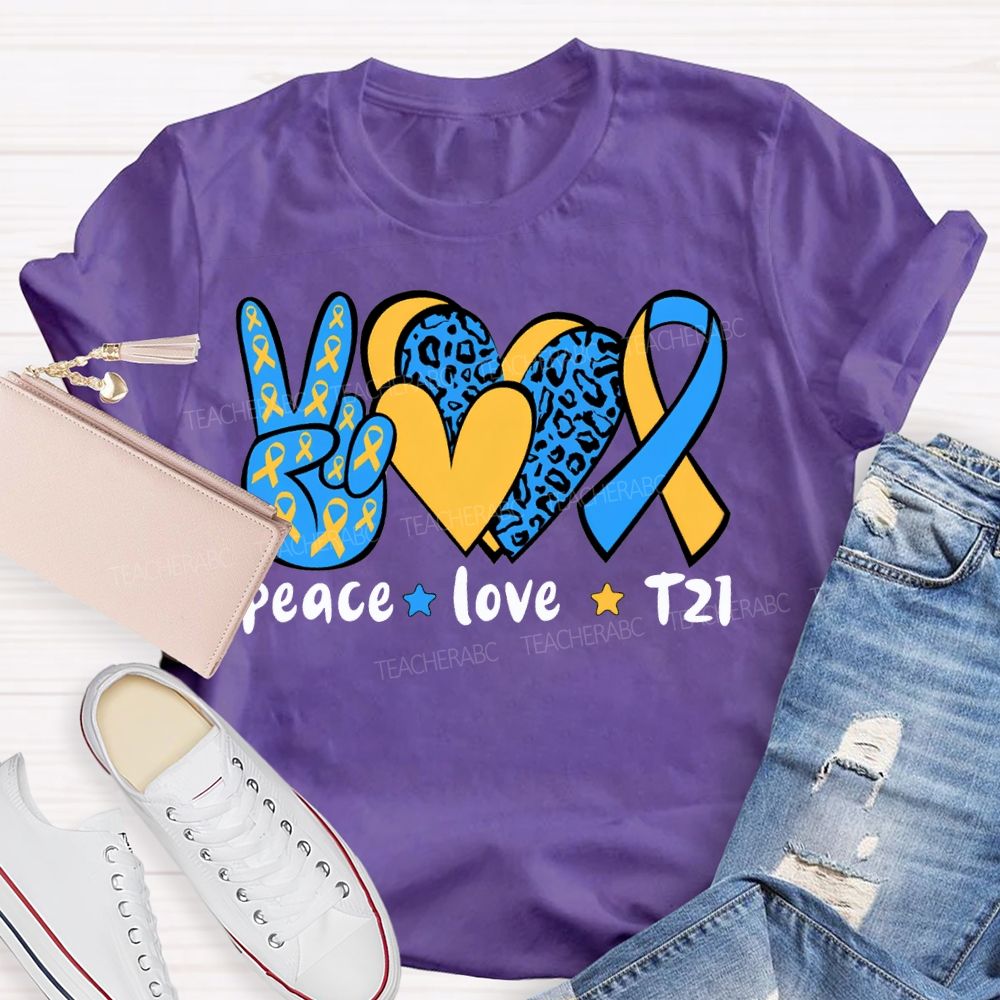 Peace Love Down Syndrome Blue And Yellow Heart Teacher T-shirt
