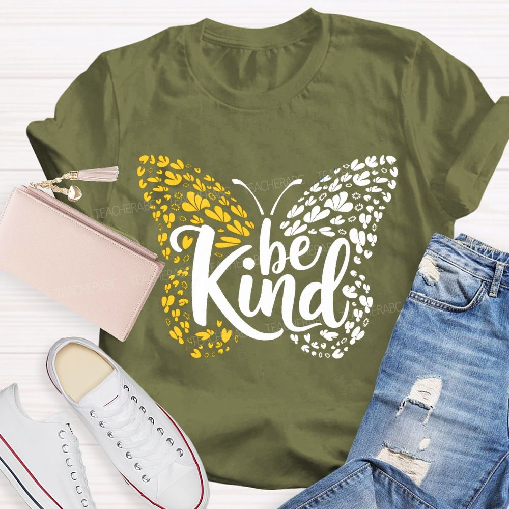 Be Kind Down Syndrome Blue And Yellow Butterfly Teacher T-shirt