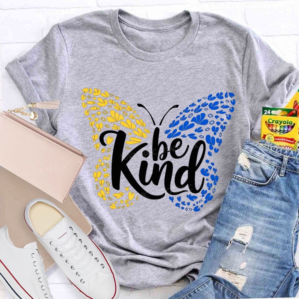 Be Kind Down Syndrome Blue And Yellow Butterfly Teacher T-shirt