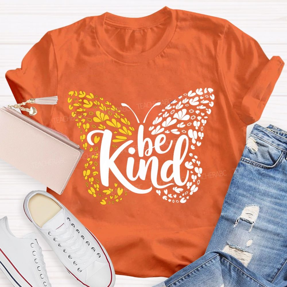 Be Kind Down Syndrome Blue And Yellow Butterfly Teacher T-shirt