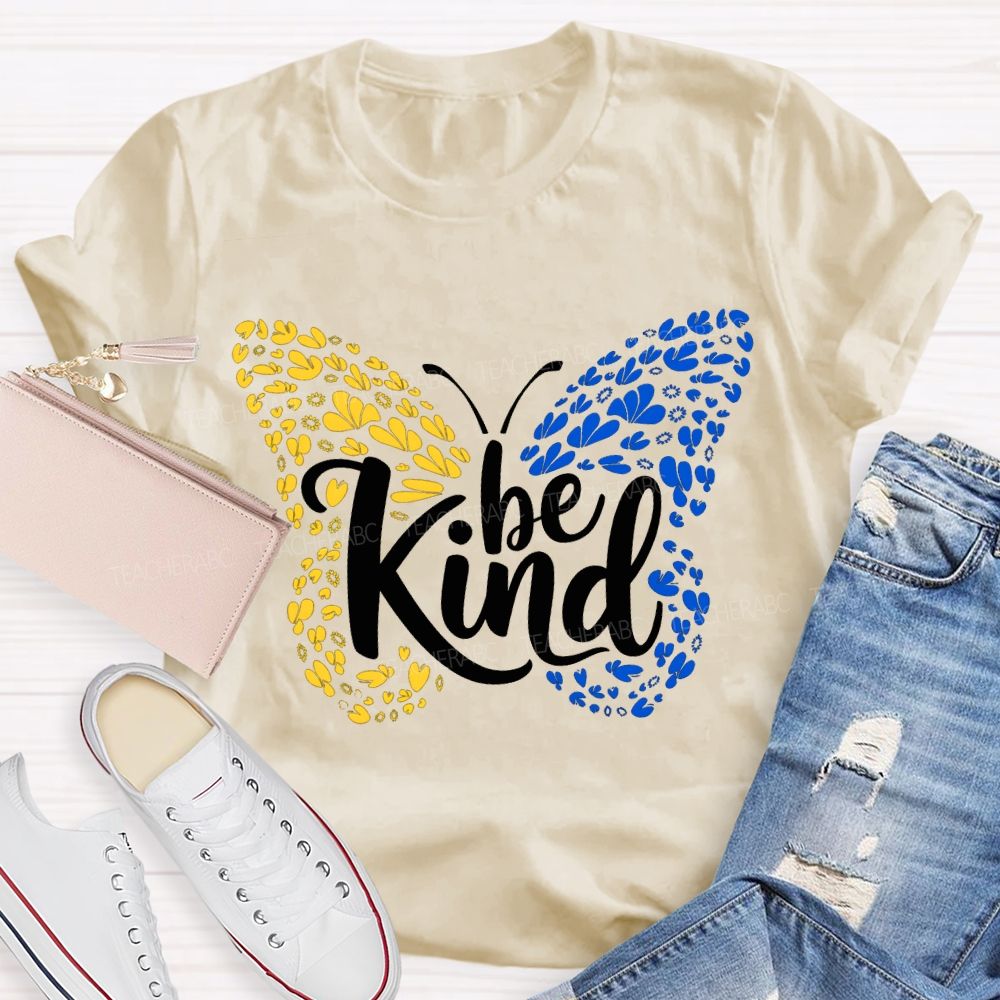 Be Kind Down Syndrome Blue And Yellow Butterfly Teacher T-shirt