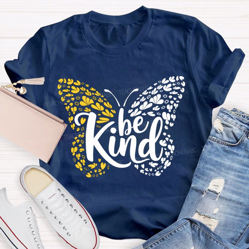 Be Kind Down Syndrome Blue And Yellow Butterfly Teacher T-shirt