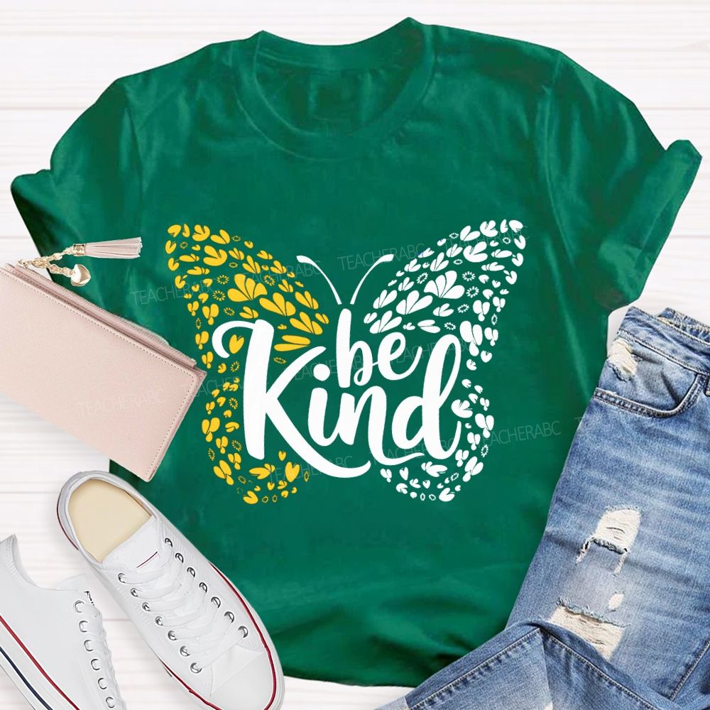 Be Kind Down Syndrome Blue And Yellow Butterfly Teacher T-shirt