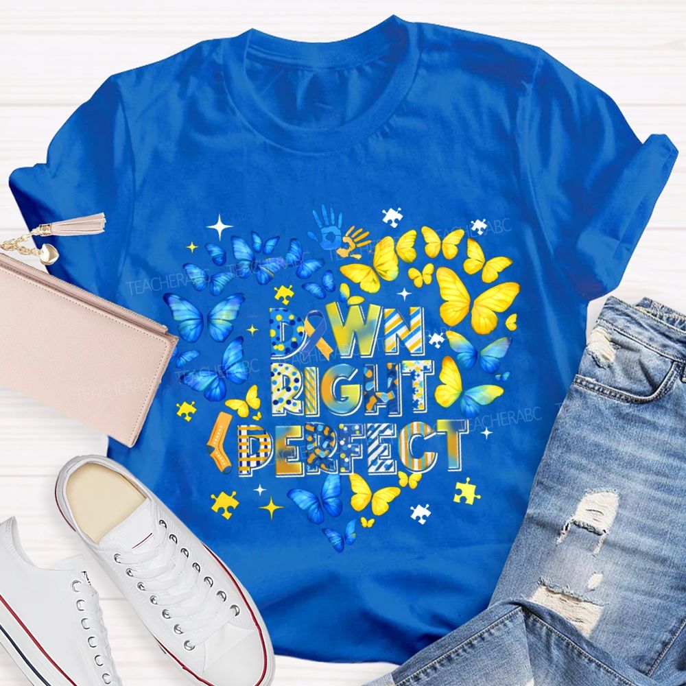 Down Right Perfect Down Syndrome Acceptance Colorful Butterflies Teacher T-shirt