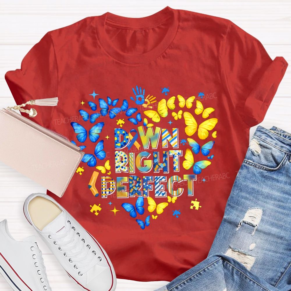 Down Right Perfect Down Syndrome Acceptance Colorful Butterflies Teacher T-shirt