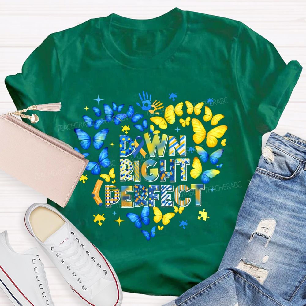 Down Right Perfect Down Syndrome Acceptance Colorful Butterflies Teacher T-shirt