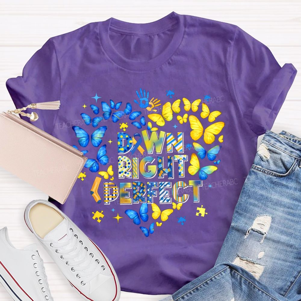 Down Right Perfect Down Syndrome Acceptance Colorful Butterflies Teacher T-shirt