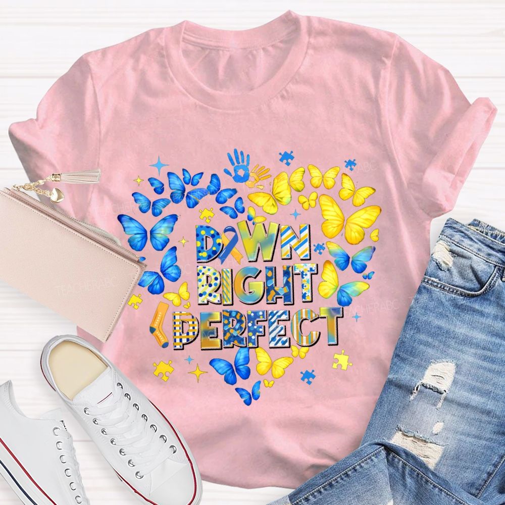 Down Right Perfect Down Syndrome Acceptance Colorful Butterflies Teacher T-shirt