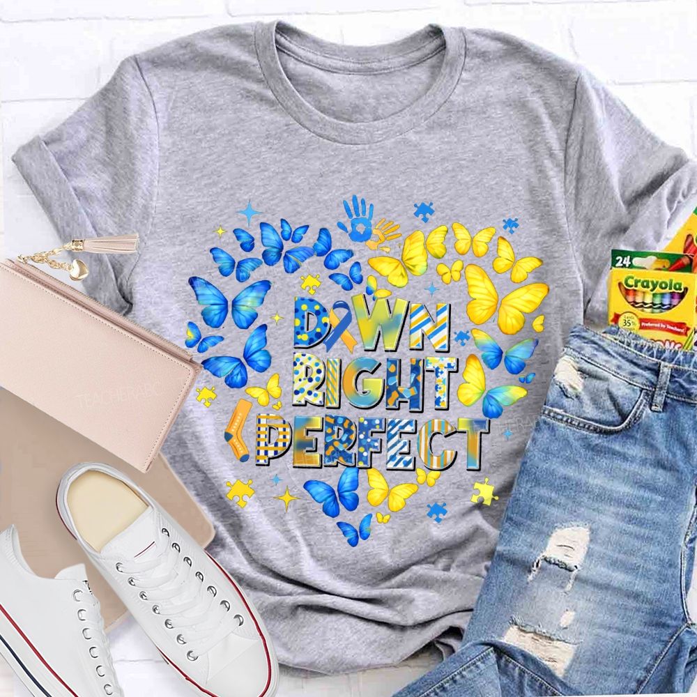 Down Right Perfect Down Syndrome Acceptance Colorful Butterflies Teacher T-shirt