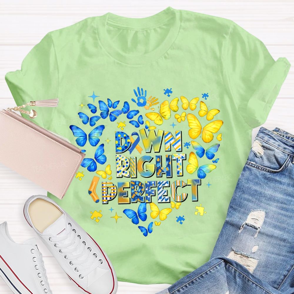 Down Right Perfect Down Syndrome Acceptance Colorful Butterflies Teacher T-shirt