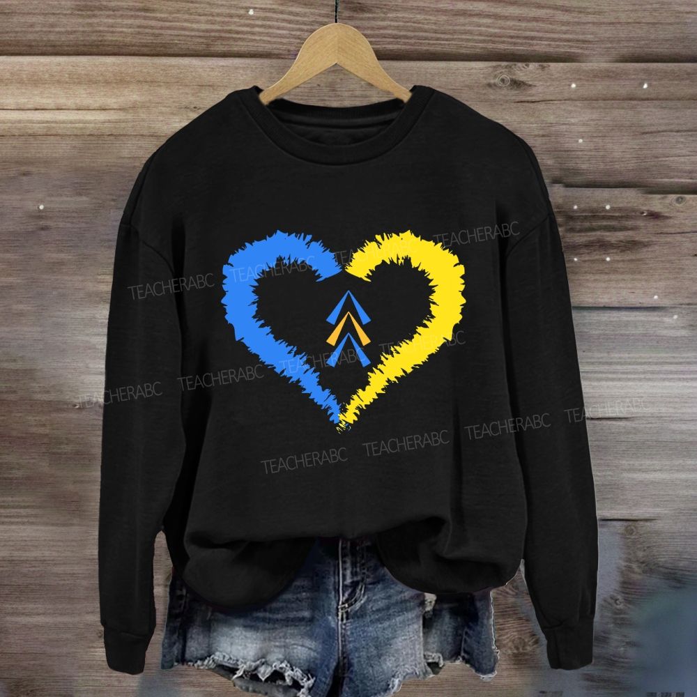 Down Syndrome Awareness Heart Print Teacher Sweatshirt