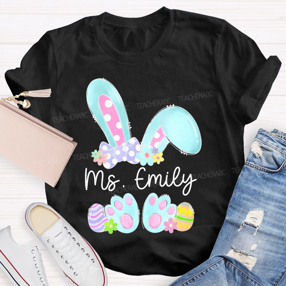 Personalized Name Bunny Graphic Easter  Teacher T-shirt