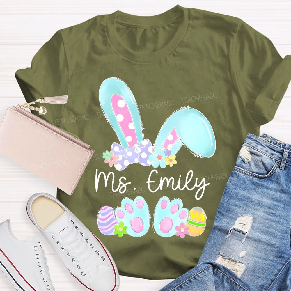 Personalized Name Bunny Graphic Easter  Teacher T-shirt