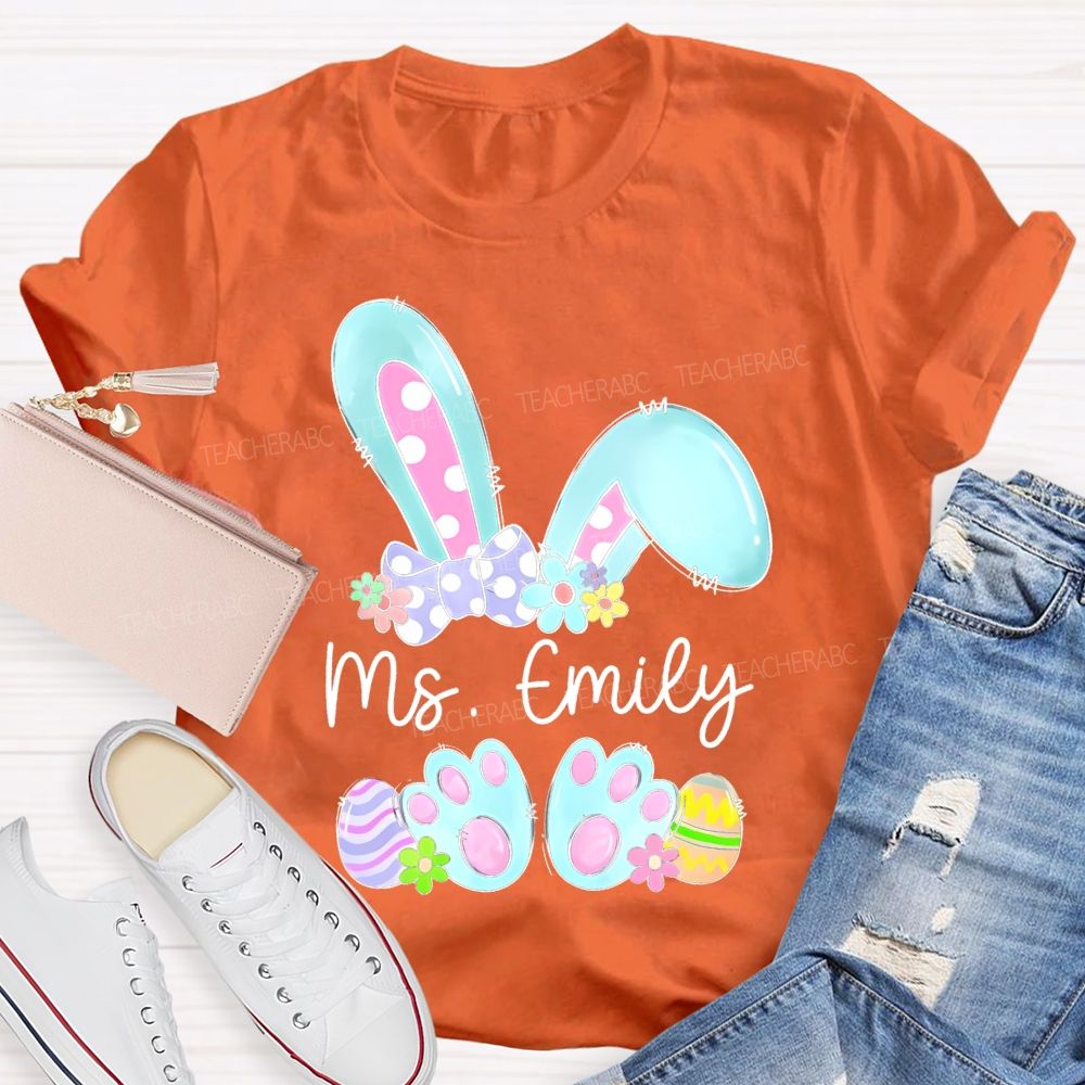 Personalized Name Bunny Graphic Easter  Teacher T-shirt