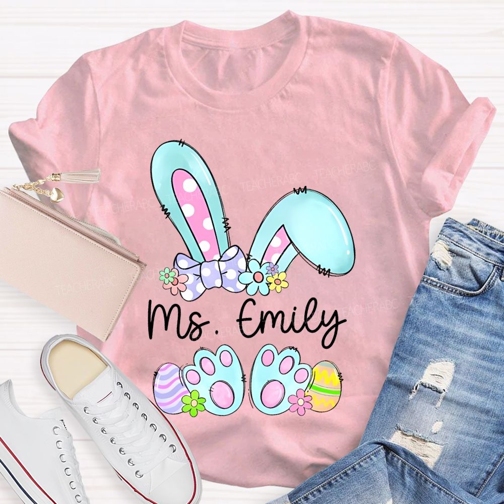 Personalized Name Bunny Graphic Easter  Teacher T-shirt